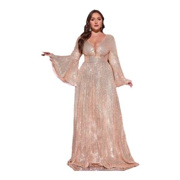 Sequin V-Neck Flare Sleeve Evening Dress Size Large - Picture 1 of 7